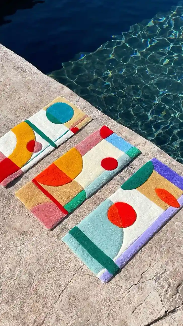 Alfombras bordadas con formas geométricas de colores